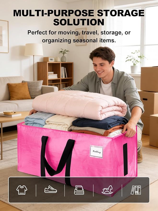 HOMESURE Supports 200lbs Heavy Duty Moving Bags - Strong Zipper & Wrap-Around Handles - Water-Resistant Storage Totes, Durable Alternative to Moving Boxes - 40 Pack - Pink - Image 4