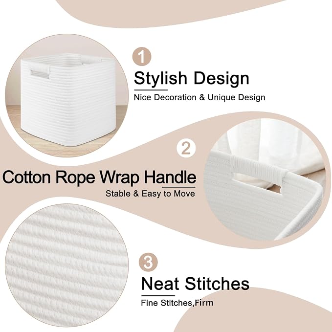 OIAHOMY Storage Cubes 11 Inch - 3 Pack, Cotton Rope Woven Baskets for Organizing, Square Storage Baskets for Shelves Organizer, Classroom, Kids Toy Bins, Closet, Baby Nursery-White - Image 4