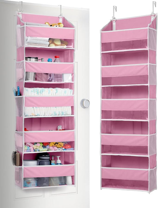 ULG 1 Pack Over Door Organizer with 5 Large Pockets 10 Mesh Side Pockets, 44 lbs Weight Capacity Hanging Storage Organizer with Clear Window Kids Toys, Shoes, Diapers, Pink by ULG