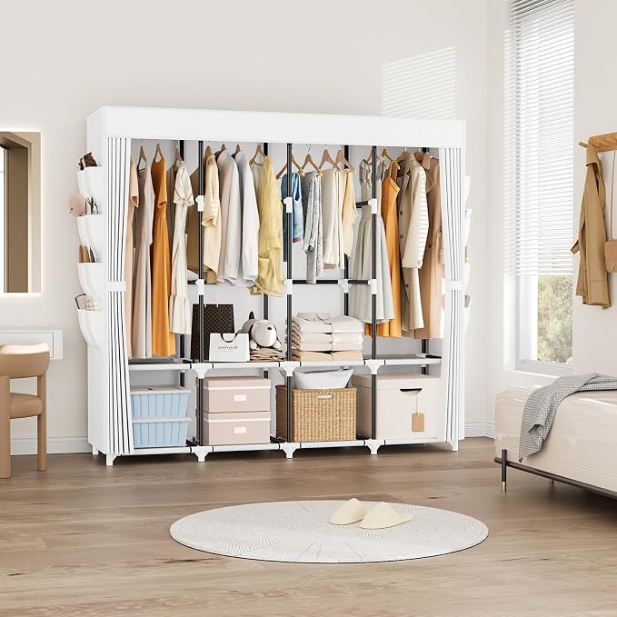 Portable Closet for Hanging Clothes, 67 Inch Wide Portable Wardrobe Closet with Cover, 4 Hanging Rod, Storage Shelves and Side Pockets, Large Free Standing Closet for Bedroom, White - Image 7