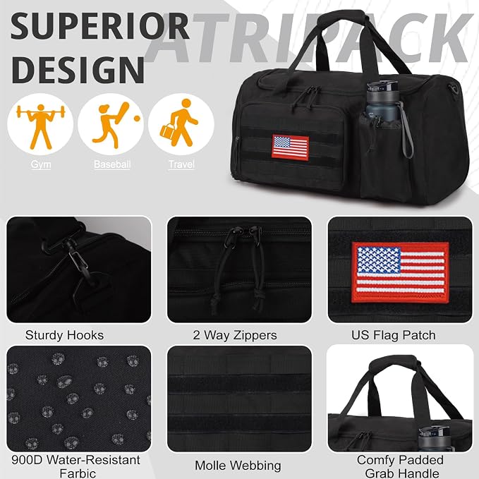 Tactical Gym Bag for Men, 40L Duffle Bag with Shoes Compartment for Travel | Water-Resistant Sports Weekender Bag with Adjustable Shoulder Strap Wet Pocket for Gym,Travel,Hiking,Camping Overnight Trips - Image 6