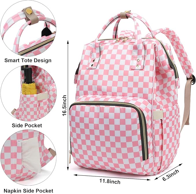Checkered Pink Baby Diaper Bag Backpack for Women, Large Capacity Waterproof Maternity Travel Nappy Backpacks with Stroller Straps - Image 6