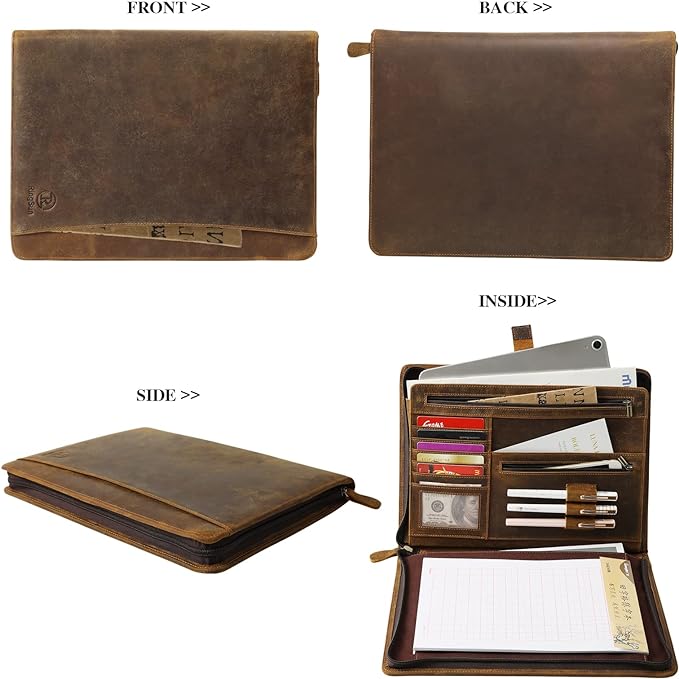 Ringsun Leather Portfolio Organizer with Zipper for Men Women, Leather Padfolio Business Resume Legal Pad Portfolio Notebook Binder for A4/Pad, Brown - Image 3