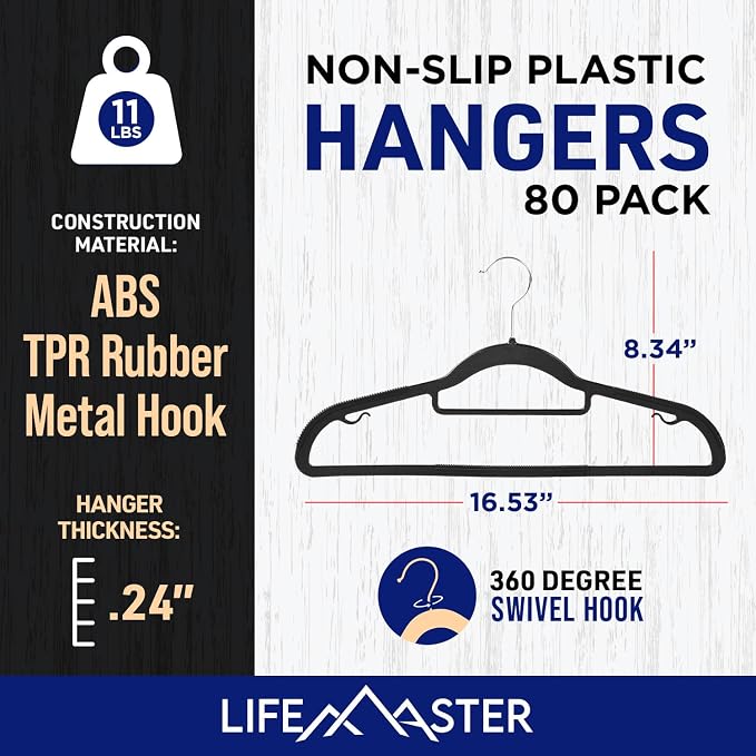 Lifemaster Versatile Clothes Hanger Set - 80 Pieces Space-Saving Dry and Wet Clothes Hanger Set with 360° Swivel Hook and Non-Slip Rubber Design - Black - Image 2