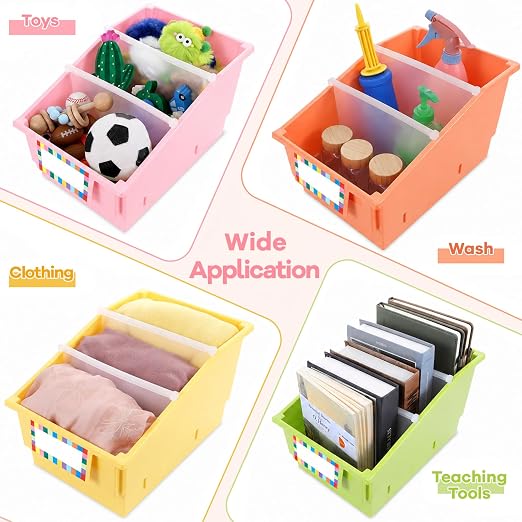gisgfim 6 Pack Picture Book Bin with Dividers Classroom Library Book Bin Small Plastic Books Holders with Labels for Classroom Library Magazines Storage Organizer 13.5 x 8.75 x 7.75 in(Candy) - Image 6