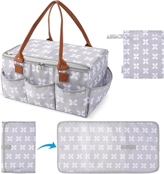 Diaper Caddy with Changing Mat, Large Baby Diaper Caddy Organizer with Lid, Portable Organizer Basket for Baby Essentials, Roll-Up Lid, Built-In Changing Mat Pocket by MOTEPH