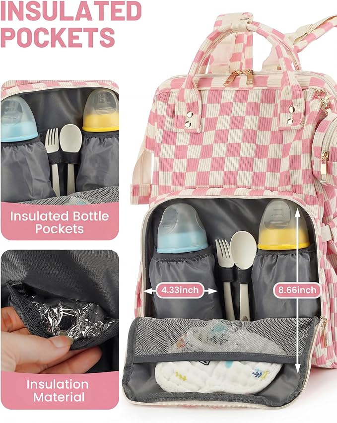 Corduroy Diaper Bag Backpack, Large Capacity Multifunction Baby Diaper Bags for Women, Insulated Bottle Pockets & Pacifier Case, Stylish Travel Nappy Changing Bags for Mom Dad (Checkered Pink) - Image 3