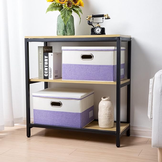 Large Foldable Storage Bins with Lids [3-Pack] linen Fabric Decorative Storage Boxes Organizer Containers Baskets Cube with Handles Divider for Bedroom Closet Purple&Cream(17.7x11.8x11.8) - Image 2