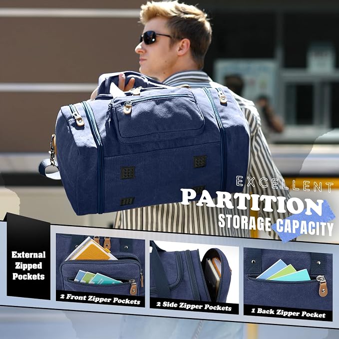 Gonex Canvas Duffle Bag, Expandable 60L Travel Overnight Weekender Bag | Multiple Pockets, Carry-On Size, Durable Zippers, Detachable Strap, for Men & Women, Blue - Image 7