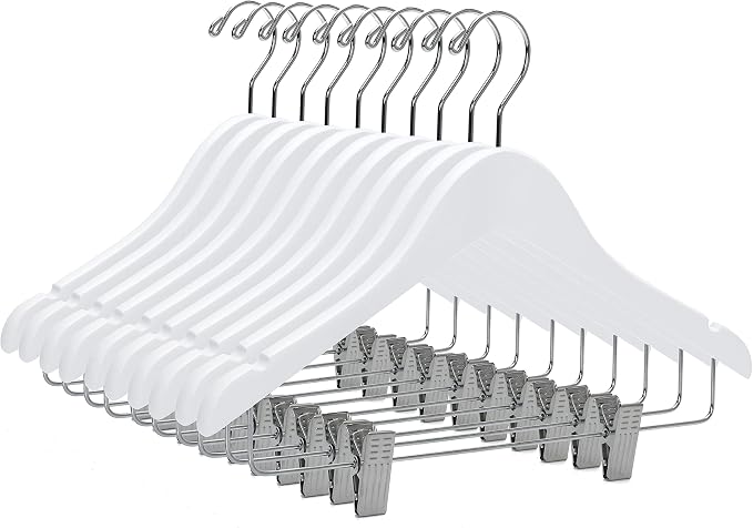 Quality Hangers 80 Pack Kids Skirt Hangers 14 Inches - Junior Preteen Youth Wooden Clothes Hanger with Curved Shoulder Swivel Chrome Hook Adjustable Metallic Clips & Nonslip Notches (White, 80) by QualityHangers