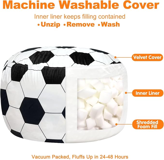 Lukeight Soccer Bean Bag Chair for Teens and Adults, Memory Foam Filled Floor Lounger, Washable Velvet Cover with Inner Liner, Beanbag Chair with Filling for Gaming and Reading, XXX-Large 42"D x 23"H - Image 3