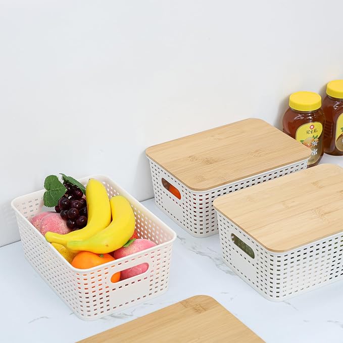 Plastic Storage Bins With Lid Stackable Organizing Container Woven Lidded Storage Organizer Baskets for Shelves Drawers Desktop Closet Playroom Classroom Office,6 Pack - Image 6