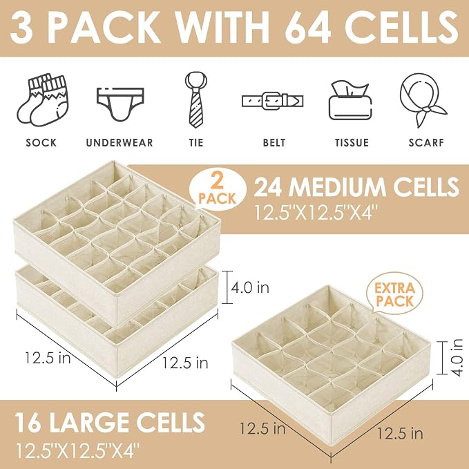 3 Pack Sock Underwear Drawer Organizer Dividers, 64 Cell Fabric Foldable Cabinet Dresser Closet Organizers and Storage Boxes for Organizing Socks, Underwear, Ties (16+24+24 Cell, Beige) - Image 2