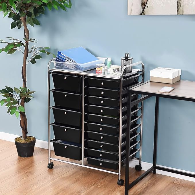 RELAX4LIFE 15 Drawer Rolling Storage Cart, Mobile Drawer Carts for Craft Art Supply Paper Salon, Utility Cart on Wheels for Classroom Teacher School Office, Rolling Cart with Drawers (Black) - Image 8