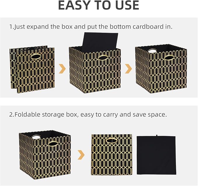Posprica 11x11x11 Foldable Fabric Storage Cube Organizer Bins Cubby Baskets | Fabric Cubes 11×11 Collapsible Box with Handles Black Gold Geometric Pattern, 4 Pack - Image 5