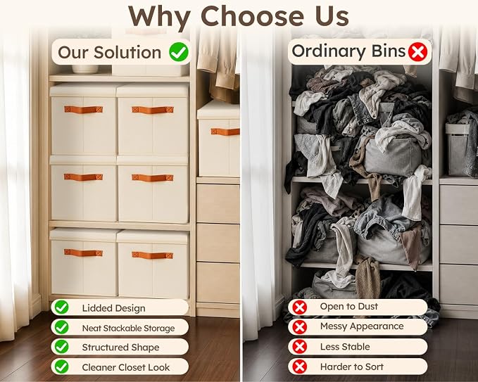 Storage Bins with Lids - Large Fabric Closet Bins with Lid, 5 Pack Clothes Organizers and Storage, Collapsible Stackable Cube Basket for Home, Office, Dorm, Beige - Image 3