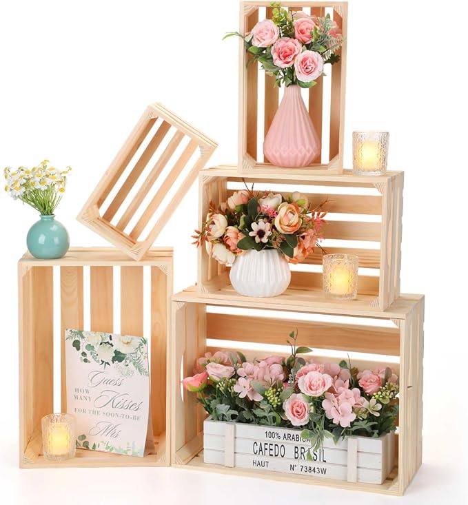 Soaoo 5 Pcs Decorative Nesting Wooden Crates for Storage Display 5 Size Large Small Rustic Wood Decorative Storage Crates with Handle Farmhouse Crate Box Container Made from Pine(Natural Color) by Soaoo
