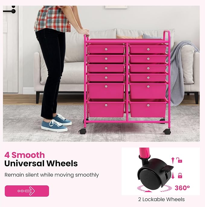 Giantex 12 Drawer Rolling Storage Cart Tools Scrapbook Paper Office School Organizer (Hot Pink) - Image 7