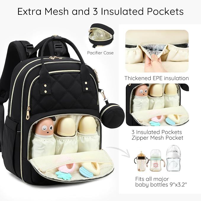 Large Diaper Bag Backpack with Changing Pad & Pacifier Case, Black | Multi-functional lightweight waterproof maternity & toddler travel backpack. Insulated, wet/dry pocket & stroller straps - Image 4