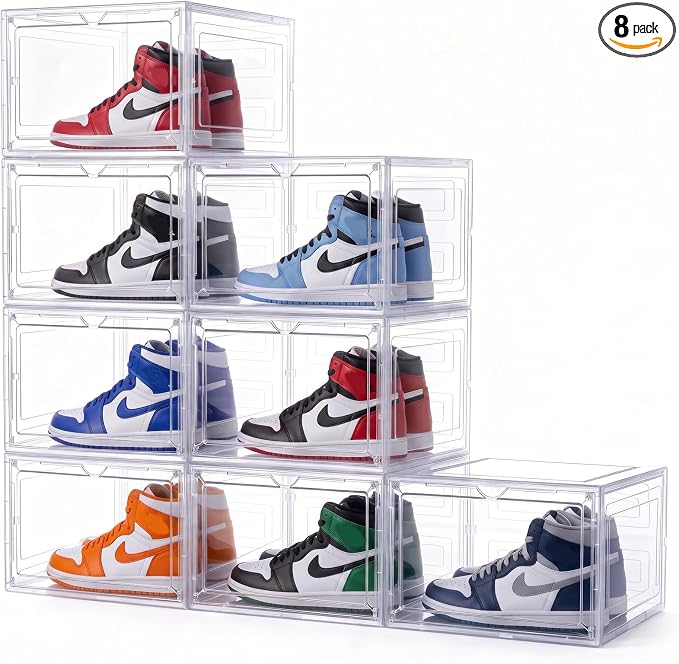 X-Large Clear Stackable Shoe Storage Box 8 Pack, Drop Side Shoe Organizers | Fits US Size 13 Sneakers Storage, Hard Plastic Shoe Containers with Magnetic Drop for Closet Storage and Sneaker Display by YukuiLLc
