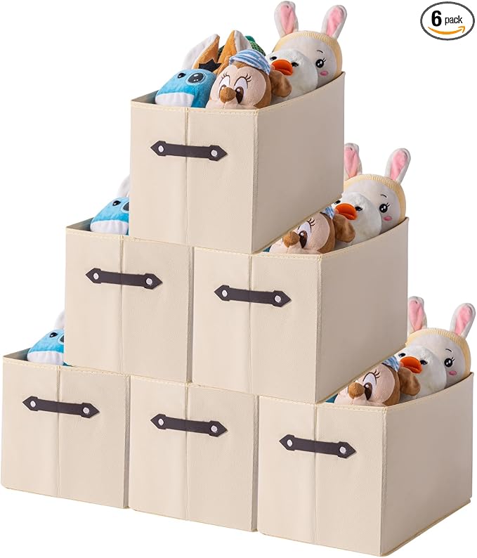 6 Pack Large Collapsible Storage Baskets for Shelves,14.9"x9.5" Fabric Closet storage Boxes with Leather Handles,Decorative Organizers Storage Bins for Clothes,Sheets,Toys,Books,Creamy-White by Yunkeeper