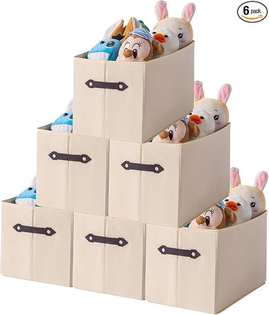 6 Pack Large Collapsible Storage Baskets for Shelves,14.9"x9.5" Fabric Closet storage Boxes with Leather Handles,Decorative Organizers Storage Bins for Clothes,Sheets,Toys,Books,Creamy-White by Yunkeeper