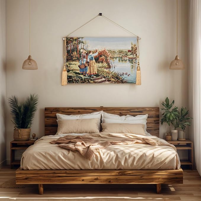 AureoMadis Vintage Pastoral Tapestry Wall Hanging Art 41.5x27, Medieval/Victorian Landscape Forest Scene Woven Decor, Jacquard Fabric Complete Set with Adjustable Rod, Tassels - Image 2