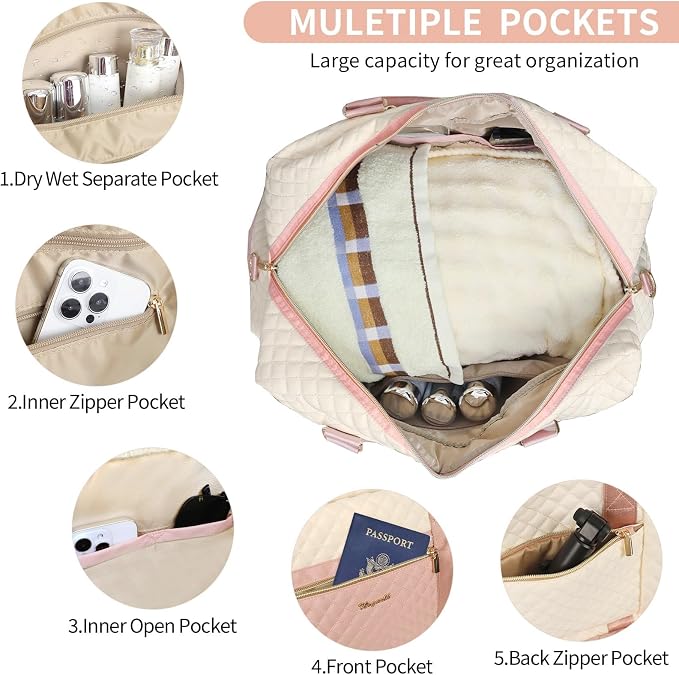 3PCS Weekender Bags for Women Large Overnight Bag, Pink Beige | Weekender Travel Duffel Bags Carry on Shoulder with Shoe Compartment Toiletry Bag Satchel Bag for Travelling Business Gym - Image 5