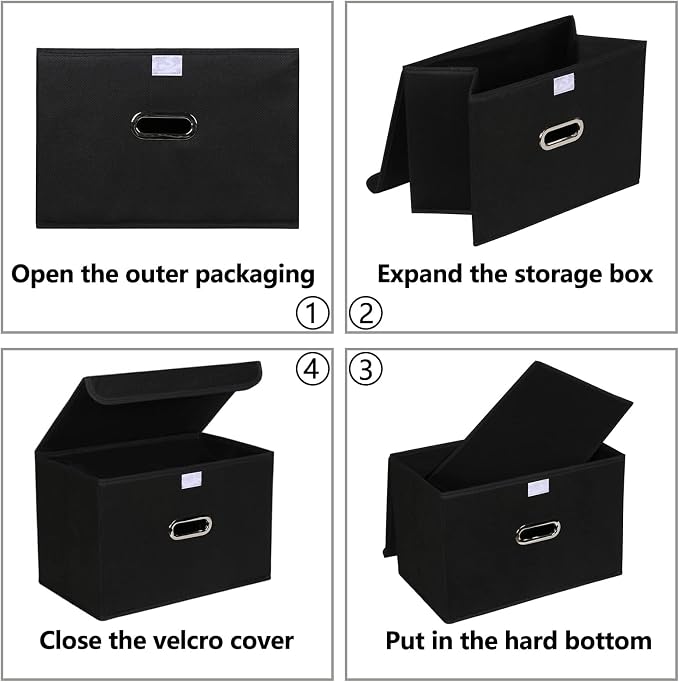 Fabric Foldable Collapsible Storage Cube Bin Organizer Basket with Lid, Handles, Removable Divider for Home, Closet (Black, 6Pcs) - Image 6