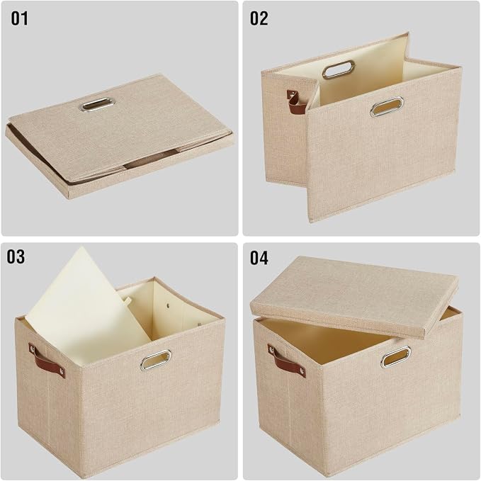 15" Fabric Storage Box with Lids, 3-Pack, Khaki | Stackable, Foldable, 2 PU Handles and 2 Metal Handles, Decorative Fabric, For Home, Bedroom, Closet, Office, Nursery - Image 6