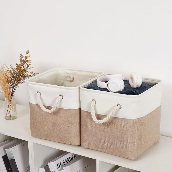 11 Inch 6 Pack Cube Storage Bins with Handles | Foldable Storage Basket,Fabric Storage Basket,Storage cube baskets suitable for the Home & Office(White&Beige) - Image 5