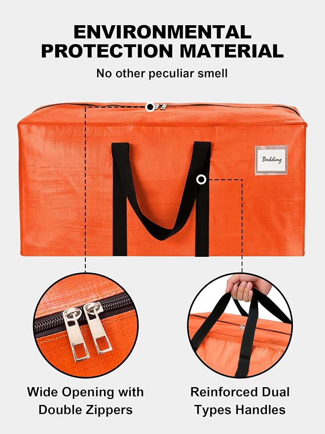 HOMESURE Supports 200lbs Heavy Duty Moving Bags - Strong Zipper & Wrap-Around Handles - Water-Resistant Storage Totes, Durable Alternative to Moving Boxes - 4 Pack - Orange - Image 7