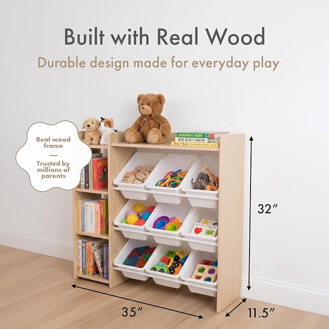Humble Crew Kids Toy Storage Organizer with Bookshelf, 9 Bins, Solid Wood | Built in side bookshelf, removable bins, solid hardwood, compact 35 in wide, toddler friendly, for playrooms and nurseries - Image 2