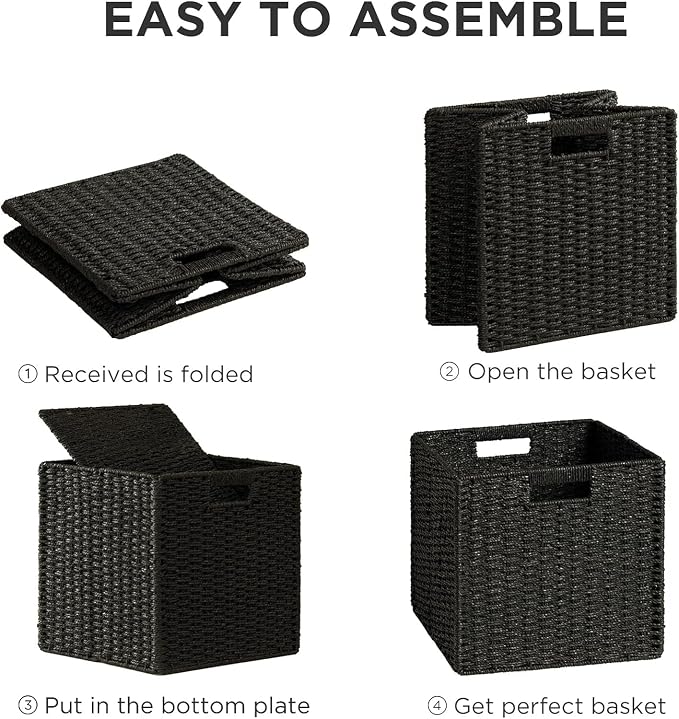 UBBCARE 4 Pack Wicker Basket, 11L×11H×10.5W inch Woven Paper Rope Storage Baskets for Shelves, Foldable Cube Storage bin with Handle, Storage Basket for Organizing & Decor, Black - Image 7
