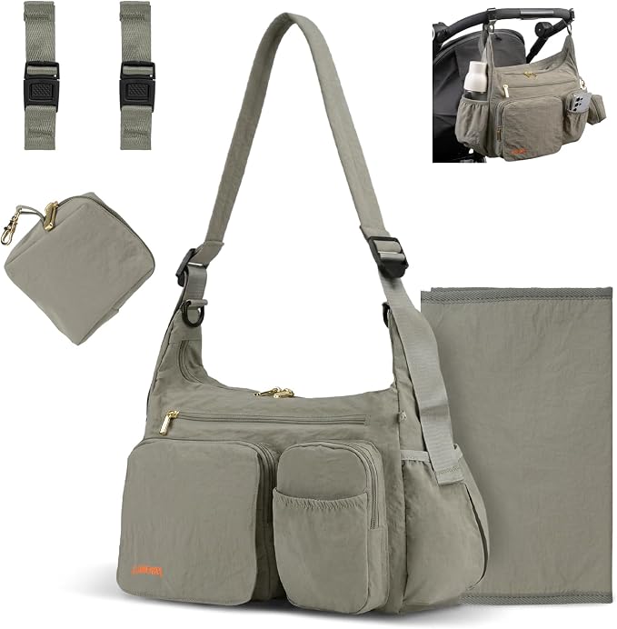 Puffy Crossbody Diaper Bag, 2-in-1 Stroller Caddy & Mom Purse, 13L Lightweight Travel Duffle Bag for Baby, Work Commute, Gym, Labor Delivery (Eucalyptus Gray) by LighttoGoFreetoRoam