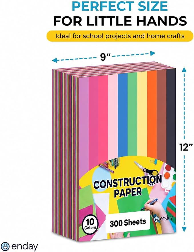 Construction Paper Assorted Colors, 10 Bright Colors, 9”x12” Bulk Craft Paper, Standard Weight Construction Paper, Color Paper for Kids Arts & Crafts and School Projects, by Enday (300 Sheets) - Image 2