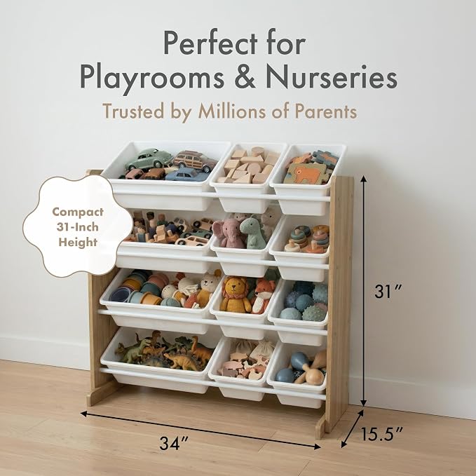Humble Crew Kids Toy Organizer with 12 Bins, 4 Tier Storage for Playroom | Sturdy wood and steel toddler shelf, removable BPA-free containers, wall anchor anti-tip safety kit for bedroom or classroom - Image 7