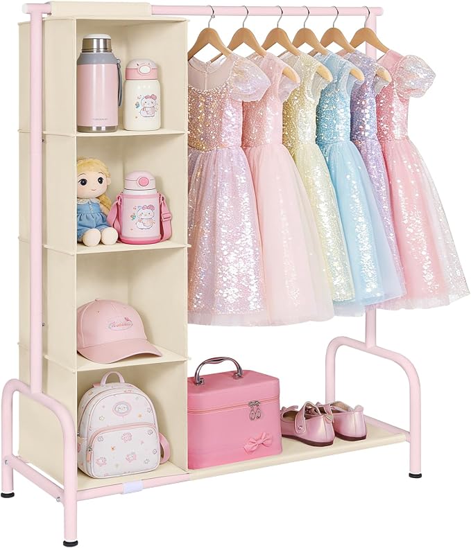 Univivi Kids Clothing Rack with Hanging Organizer, 43 Inch, Pink and Beige | Toddler Dress Up Storage with Bottom Shelf, Sturdy Metal Baby Closet, Toddler Wardrobe Rack for Nursery, Playroom, Bedroom by Univivi
