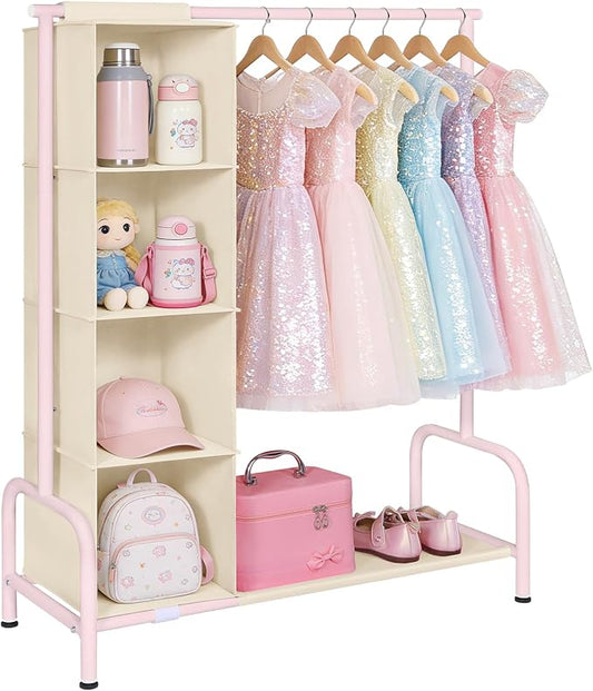 Univivi Kids Clothing Rack with Hanging Organizer, 43 Inch, Pink and Beige | Toddler Dress Up Storage with Bottom Shelf, Sturdy Metal Baby Closet, Toddler Wardrobe Rack for Nursery, Playroom, Bedroom by Univivi