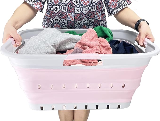 SAMMART 42L (11 gallon) Collapsible Plastic Laundry Basket - Foldable Pop Up Storage Container/Organizer - Portable Washing Tub - Space Saving Hamper/Basket (Grey/Pale Pink) - Image 7