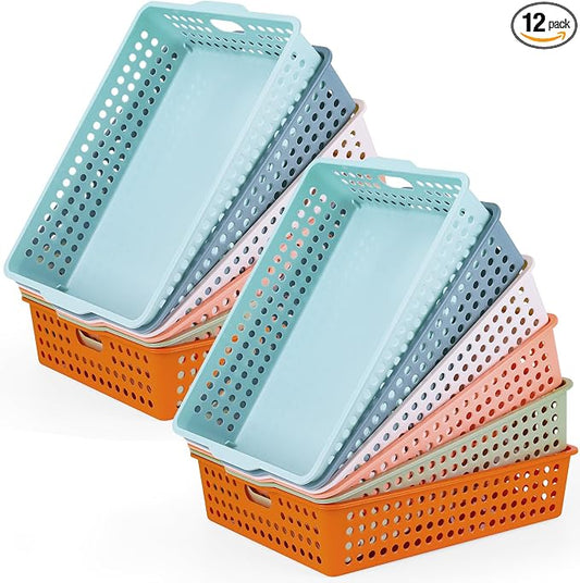 12 Pcs Plastic Classroom Storage Basket Bulk 14 x 10 In Turn in Paper Trays for Classroom A4 Size Colorful Storage Organizer Bin with Handles Stackable Container for Playroom Home Office School Supply by UZLUbuywithconfidence