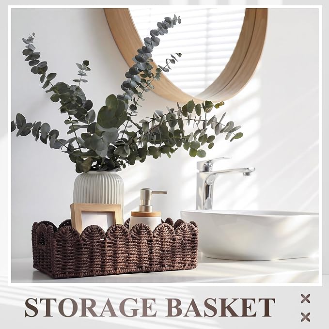 Boao 3 Pcs Boho Storage Wicker Baskets Handmade Woven Decorative Paper Rope Baskets for Organizing with Handle Countertop Toilet Paper Storage Container for Toilet Tank Top(Brown,Fan-shaped) - Image 5