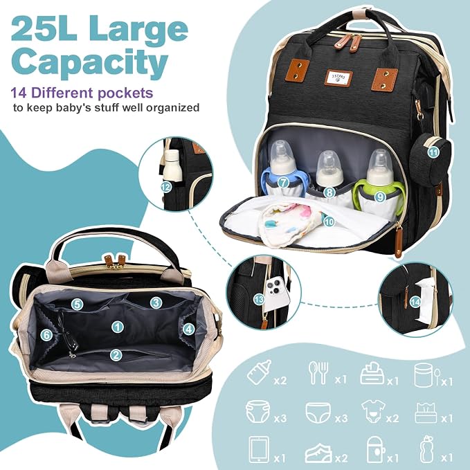 JSTPRO Diaper Bag Backpack with Changing Station, 25L Capacity, Black - Image 3