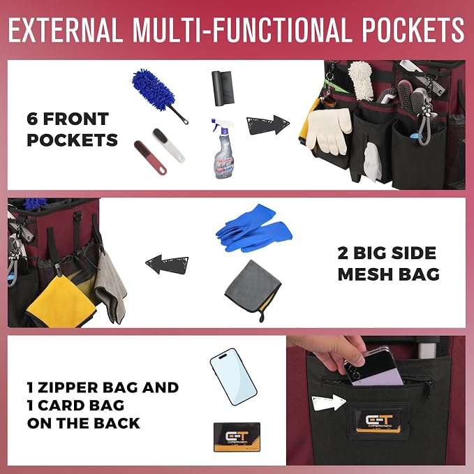 SCAVATA Rolling Cleaning Caddy Bag with Detachable Trolley, Large Cleaning Supplies Organizer with Wheels, Multi-Pocket Cleaning Cart with Adjustable Shoulder Strap for Housekeepers (Magenta) - Image 2