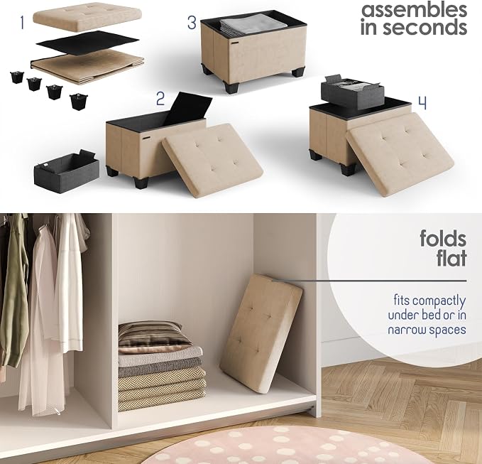 Storage Ottoman Cube with Small Bin, 16-in Square Ottoman with Storage for Living Room and Bedroom, Small Ottomans Foot Rest, Velvet Foot Stools Ottomans Max 330lbs, Taupe - Image 8