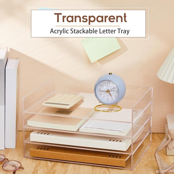 Harloon 4 Tier Paper Organizer Letter Tray Acrylic Desk File Organizer Heavy Duty Stackable Documents Clear Letter Paper Holder Sorter Office Tray for A4, Office Classroom Home File Pad Notebooks - Image 5