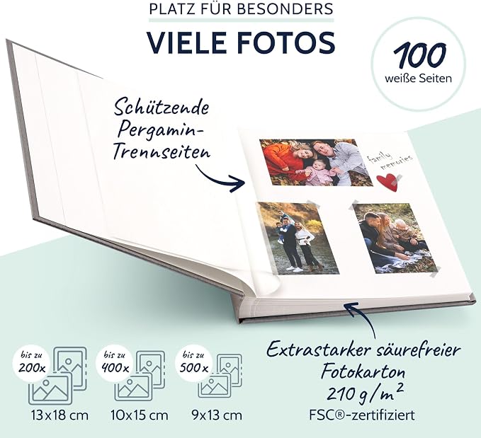 goldbuch Summertime Trend 2 31606 Photo Album with 100 White Pages with Parchment Dividers, Photo Album with Linen Cover, up to 600 Pictures, High-Quality Paper, Grey, 30 x 31 cm - Image 4