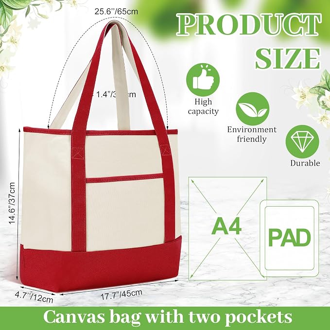 Sanwuta Canvas Tote Bags Bulk with Outer Pockets,Red,12 Pack | Reusable Cotton Grocery Bags, Perfect for Teachers, Party Giveaways, DIY Crafts, Wedding Favors, Business Gifts - Image 3