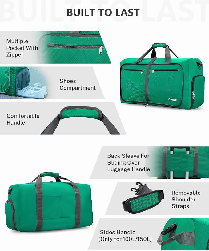 Gonex 60L Foldable Travel Duffle Bag with Shoe Compartment, Lightweight | 210D Nylon, Water-Repellent, Folds Compact, Multiple Pockets, Luggage Sleeve, Weekend Trips & Camping, Mint Green - Image 3