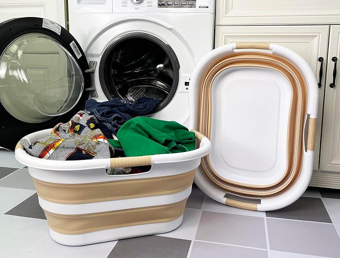 SAMMART 40L (10.5 gallon) Set of 2 Plastic Foldable Laundry Basket - Collapsible, Space Saving and Portable Laundry Hamper, Ideal for Home, Travel, Dorm, and Camping (2, White/Beige) - Image 4